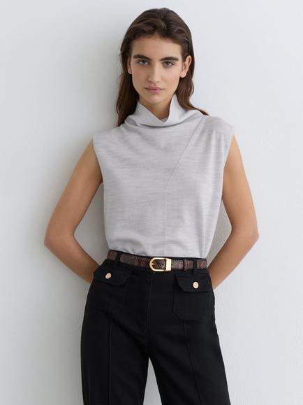 Reiss Honey Wool Funnel-Neck Sleeveless Knit Top, Grey Marl, Grey Marl