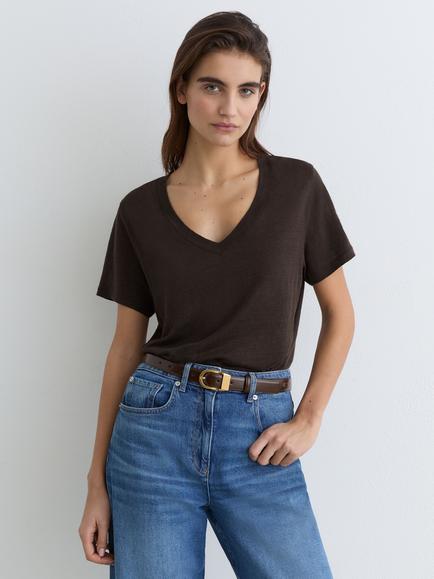 Reiss Lola Pure Linen Short Sleeve V-Neck Top, Chocolate Brown, Chocolate Brown
