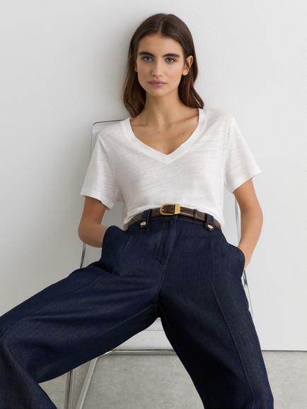 Reiss Lola Linen V-Neck T-Shirt, White - view 2, White