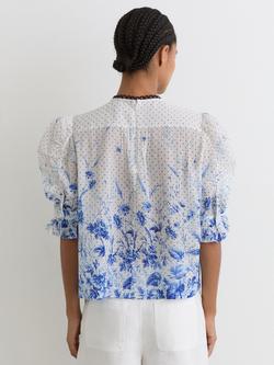 Reiss Minni Cotton Floral-Print Ruffle Blouse, Ivory/Blue - view 2, Ivory/Blue