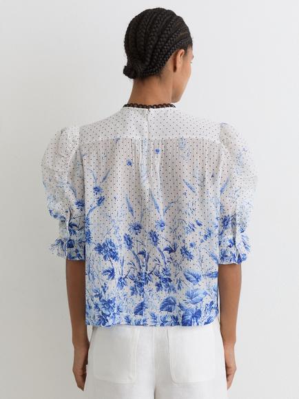 Reiss Minni Cotton Floral-Print Ruffle Blouse, Ivory/Blue - view 2, Ivory/Blue