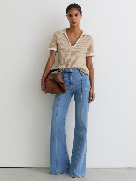 Reiss Ottilie Cotton Linen Blend Textured Knit Top, Neutral/White, Neutral/White