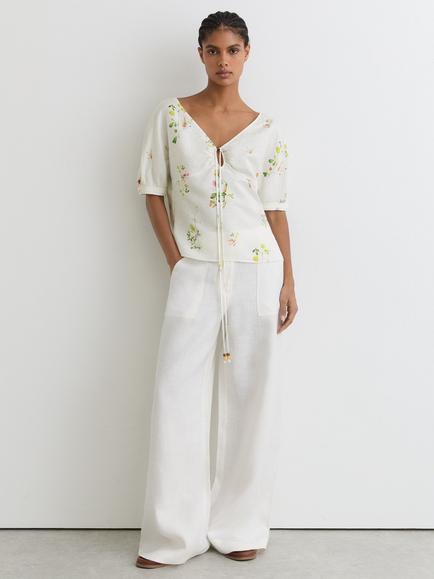 Reiss Quinny Linen-Blend Floral-Print Top, Ivory/Multi, Ivory/Multi