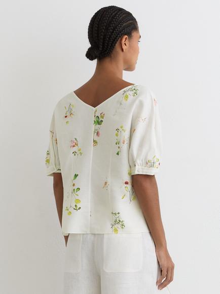 Reiss Quinny Linen-Blend Floral-Print Top, Ivory/Multi - view 2, Ivory/Multi