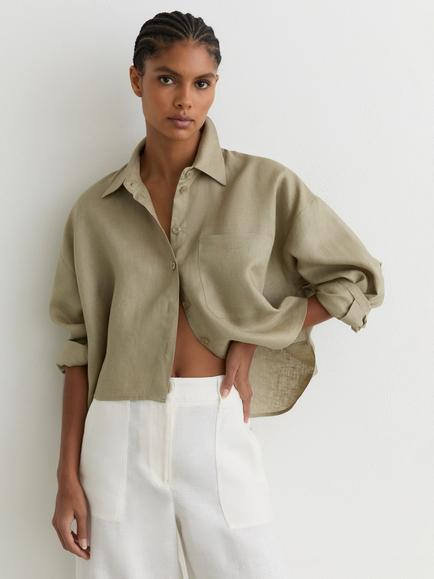 Reiss Solena Pure Linen Long Sleeve Boxy Shirt, Green, Green