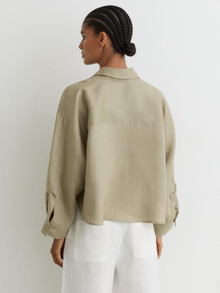 Reiss Solena Pure Linen Long Sleeve Boxy Shirt, Green - view 2, Green