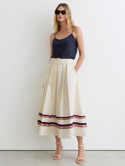 Reiss Rian Cotton Stripe Detail Belted Midi Skirt, Cream, Cream