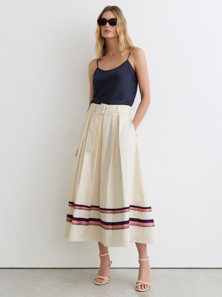 Reiss Rian Cotton Stripe Detail Belted Midi Skirt, Cream, Cream