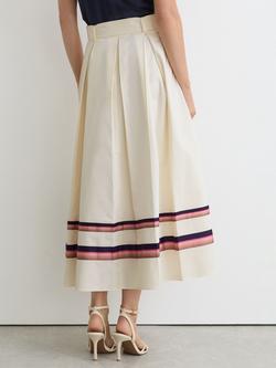 Reiss Rian Cotton Stripe Detail Belted Midi Skirt, Cream - view 2, Cream