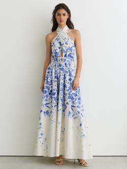 Reiss Petite Amaya Halterneck Dress, Ivory/Blue, Ivory/Blue