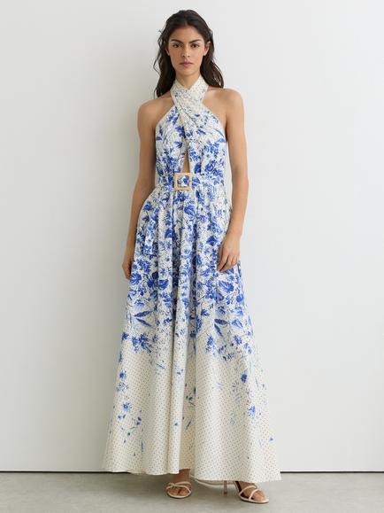 Reiss Petite Amaya Halterneck Dress, Ivory/Blue, Ivory/Blue