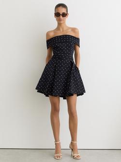 Reiss Arwen Bardot Neck Mini Dress, Navy/Ivory, Navy/Ivory