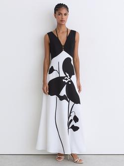 Reiss Cecile Graphic Floral Print Sleeveless Maxi Dress, Ivory/Black, Ivory/Black