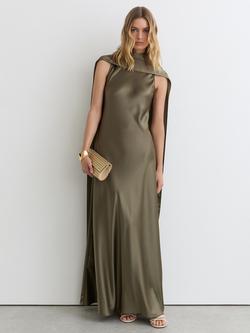 Reiss Fae Satin Cape Maxi Dress, Khaki Green, Khaki Green