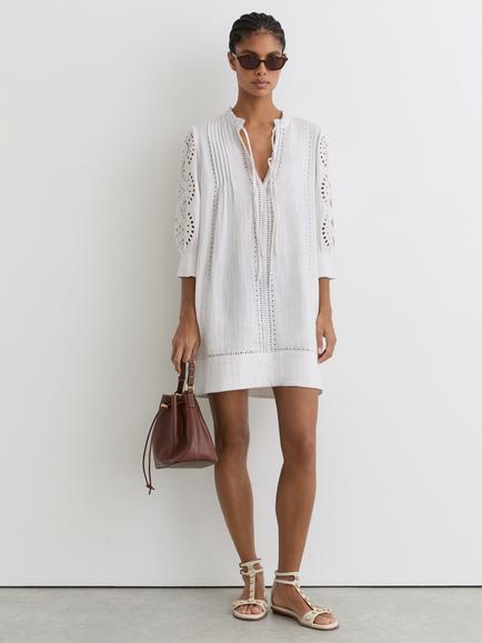 Reiss Gia Cheesecloth Resort Mini Dress, Ivory, Ivory