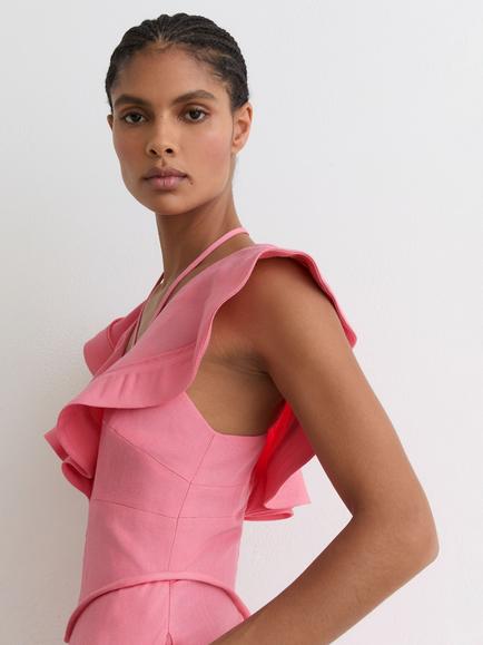 Reiss Giselle Ruffle Tie-Neck Keyhole Midi Dress, Pink - view 2, Pink