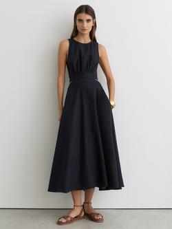 Reiss Hazel Fit and Flare Linen Blend Midi Dress, Navy - view 2, Navy