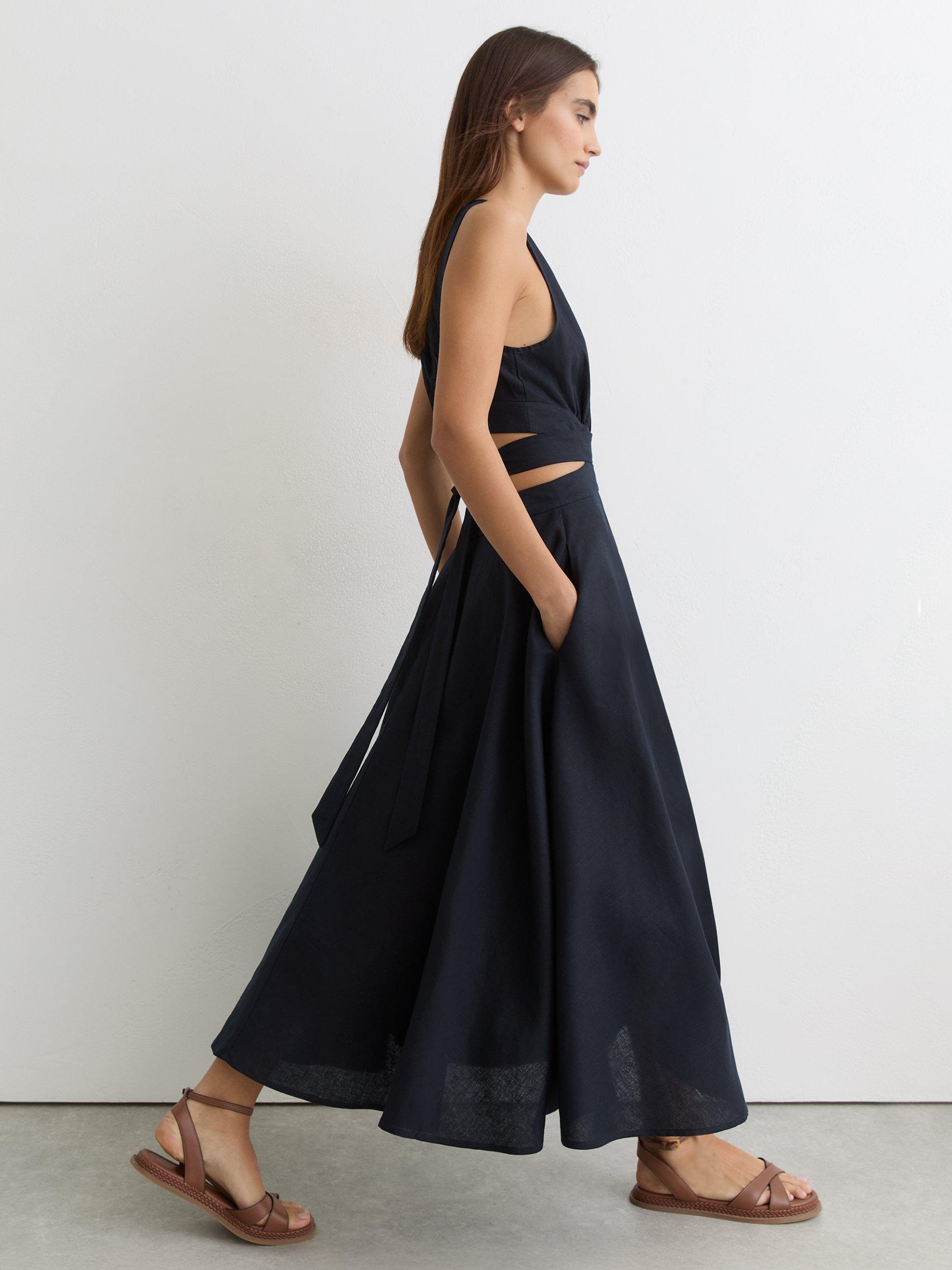 Reiss Hazel Fit and Flare Linen Blend Midi Dress, Navy