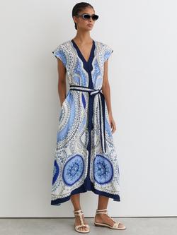 Reiss Heidi V-Neck Cap Sleeve Midi Dress, Ivory/Blue, Ivory/Blue