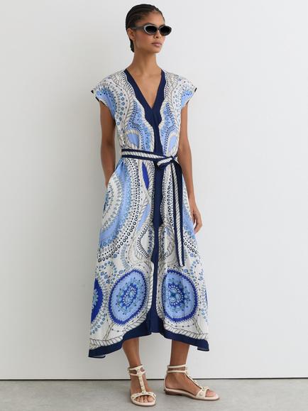 Reiss Heidi V-Neck Cap Sleeve Midi Dress, Ivory/Blue, Ivory/Blue