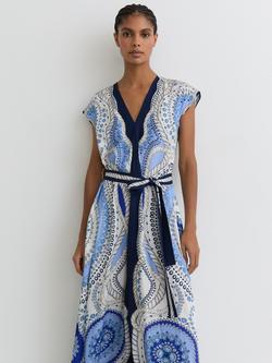 Reiss Heidi V-Neck Cap Sleeve Midi Dress, Ivory/Blue - view 2, Ivory/Blue