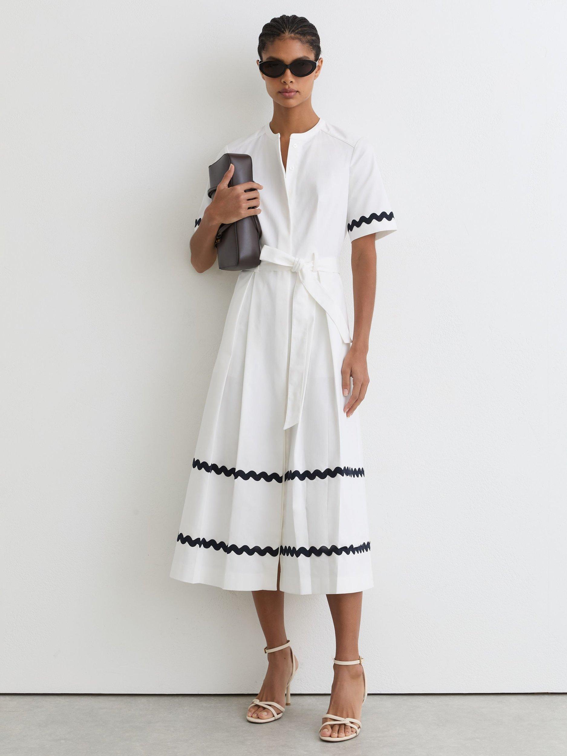 Reiss Isabelle Short Sleeve Stretch Cotton Wave Trim Midi Dress, Ivory/Navy