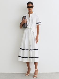 Reiss Isabelle Short Sleeve Stretch Cotton Wave Trim Midi Dress, Ivory/Navy, Ivory/Navy