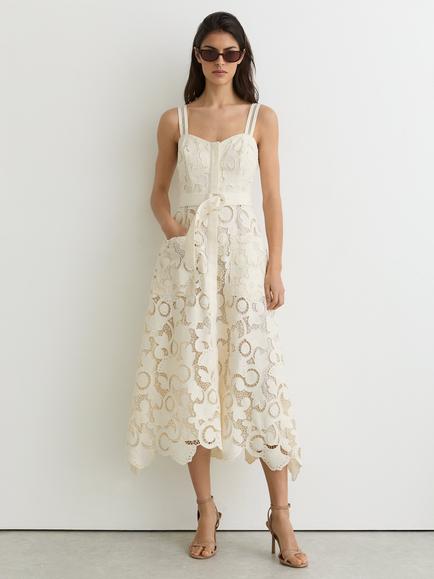 Reiss Kerina Lace Midi Dress, Cream, Cream