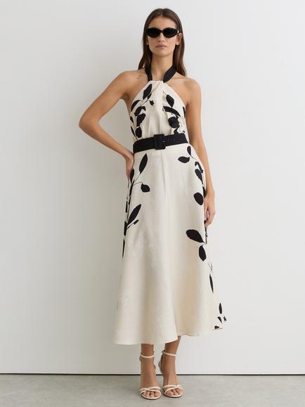 Reiss Libby Halterneck Leaf Print Dress, Ivory/Black, Ivory/Black