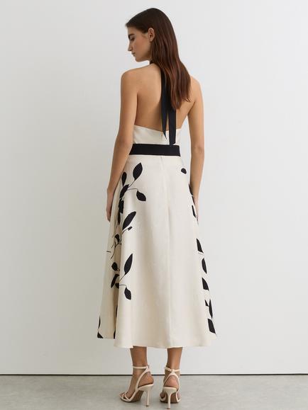 Reiss Libby Halterneck Leaf Print Dress, Ivory/Black - view 2, Ivory/Black