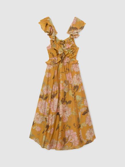 Reiss Lucy Frill Floral Midi Dress, Yellow, Yellow