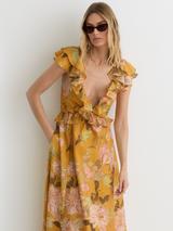 Reiss Lucy Frill Floral Midi Dress, Yellow