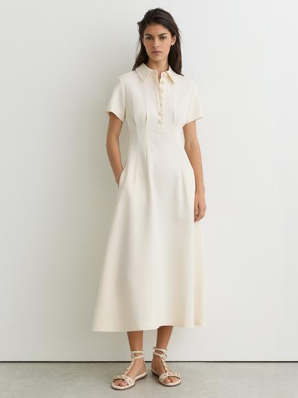 Reiss Mari Button Neck Midi Dress, Cream, Cream