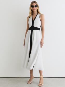 Reiss Nova Sleeveless V-Neck Midi Dress, Ivory/Black, Ivory/Black