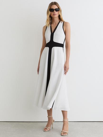 Reiss Nova Sleeveless V-Neck Midi Dress, Ivory/Black, Ivory/Black