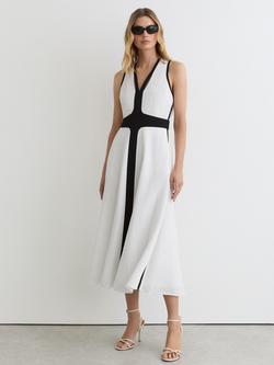 Reiss Petite Nova Contrast Trim Sleeveless Cross Back Midi Dress, Ivory/Black, Ivory/Black