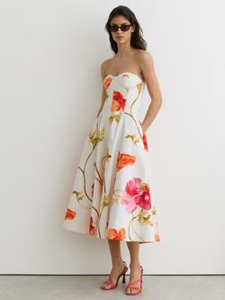 Reiss Penelope Stretch Cotton Floral Bustier Sleeveless Midi Dress, Cream/Red, Cream/Red