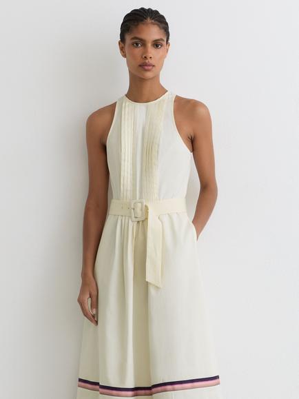 Reiss Sara Stretch Cotton Stripe Detail Midi Dress, Cream, Cream