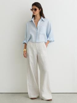 Reiss Ashby Stripe Wide Leg Pure Linen Trousers, White/Navy, White/Navy