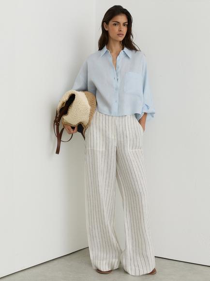 Reiss Petite Ashby Linen Trousers, White/Navy, White/Navy