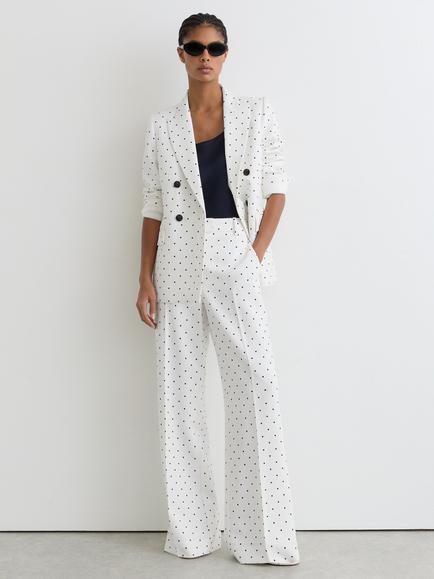 Reiss Petite Beatrix Polka Dot Wide Leg Suit Trousers, White/Navy, White/Navy