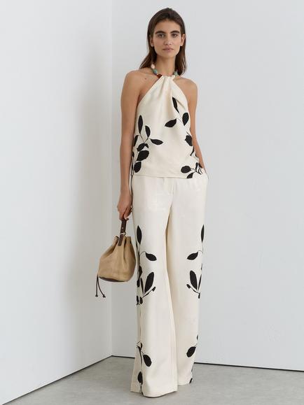 Reiss Petite Delilah Wide Leg Floral Print Trousers, Ivory/Black, Ivory/Black