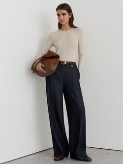 Reiss Petite Kaia Lyocell Topstitched Wide-Leg Trousers, Indigo, Indigo