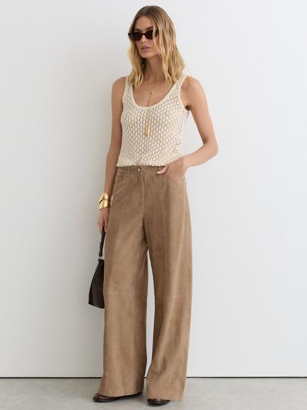 Reiss Keria Suede Wide Leg Trousers, Sand, Sand