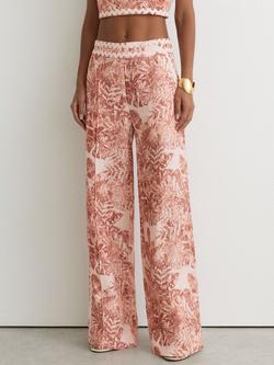 Reiss Mila Petite Linen Wave-Trim Wide-Leg Trousers, Pale Pink, Pale Pink