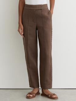 Reiss Petite Mila Linen Wave Trim Tapered Trousers, Brown, Brown