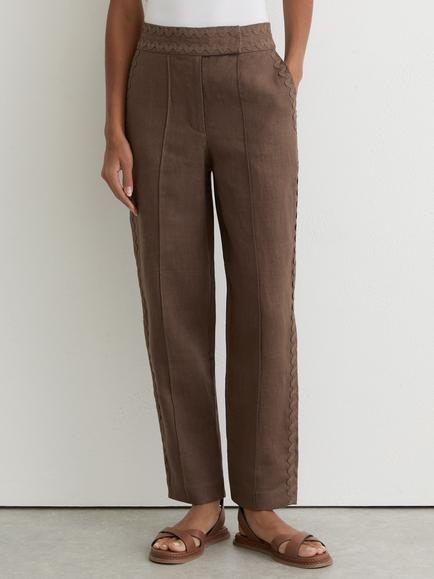 Reiss Petite Mila Linen Wave Trim Tapered Trousers, Brown, Brown
