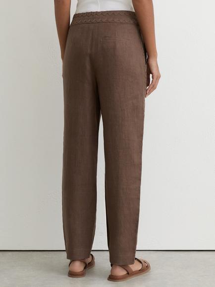 Reiss Petite Mila Linen Wave Trim Tapered Trousers, Brown - view 2, Brown