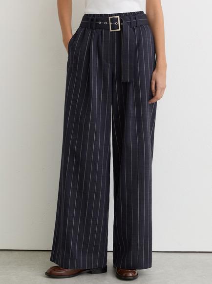 Reiss Petite Rae Pinstripe Belted Wide Leg Trousers, Navy, Navy
