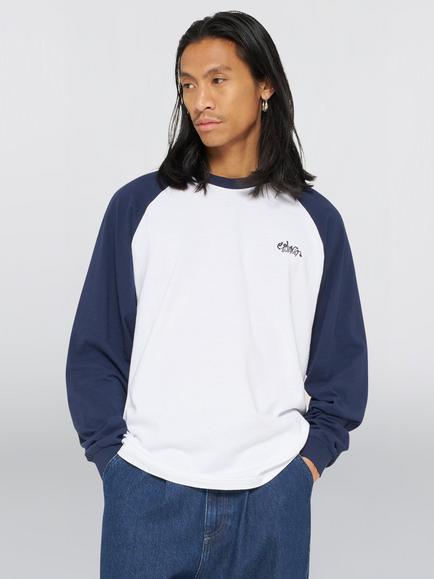 Edwin Alex Crew Neck Long Sleeve Cotton T-Shirt, White/Maritime, White/Maritime